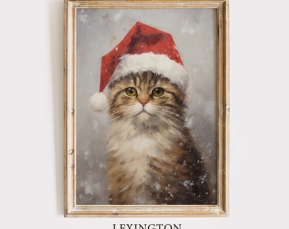 Rustic Christmas Wall Art Cat Christmas Cat Painting Vintage Christmas Decor Winter Art Pet Oil Painting Cat Portrait Holiday 225