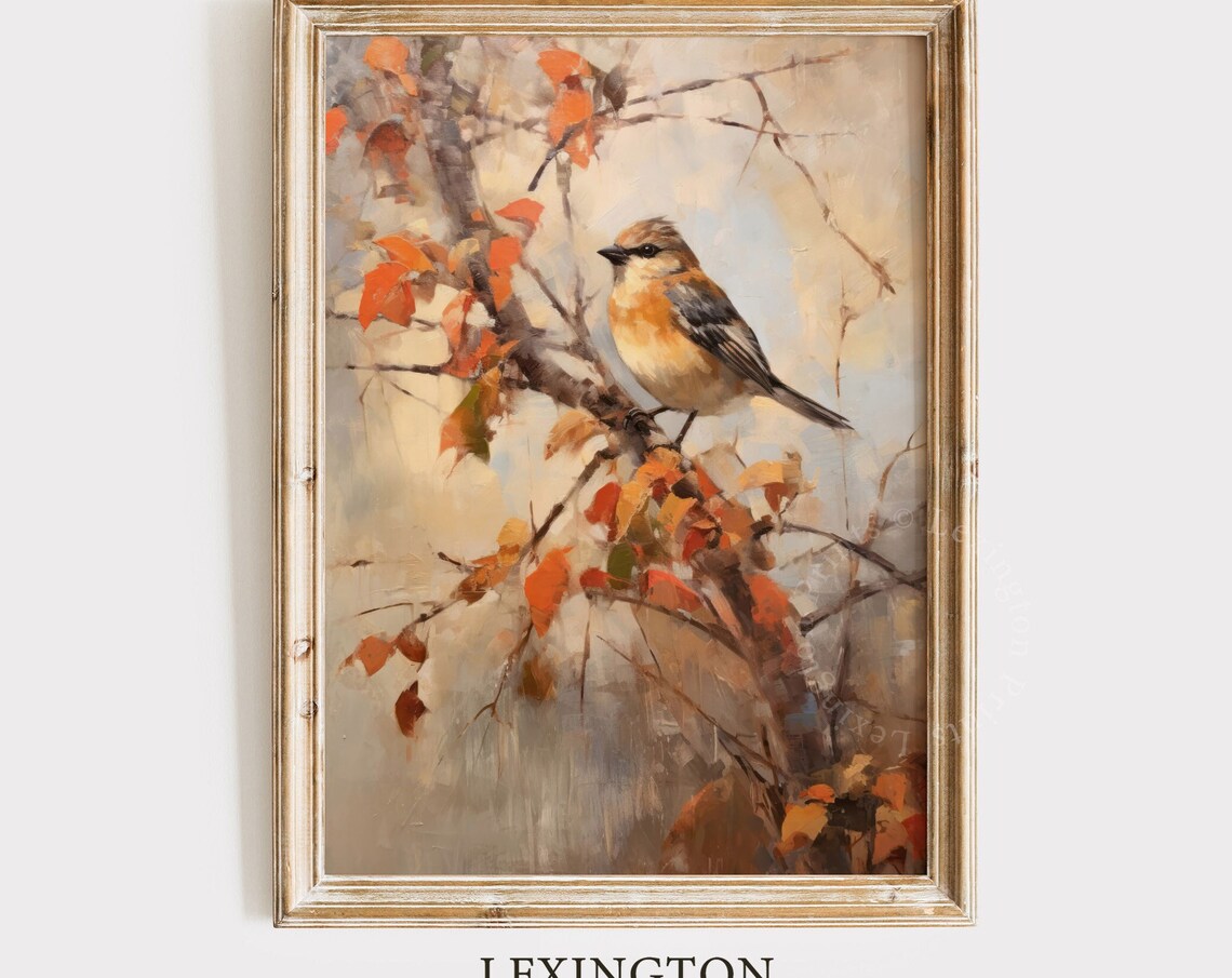 Autumn Songbird Orange Leaves Branch Vintage Bird Painting Poster