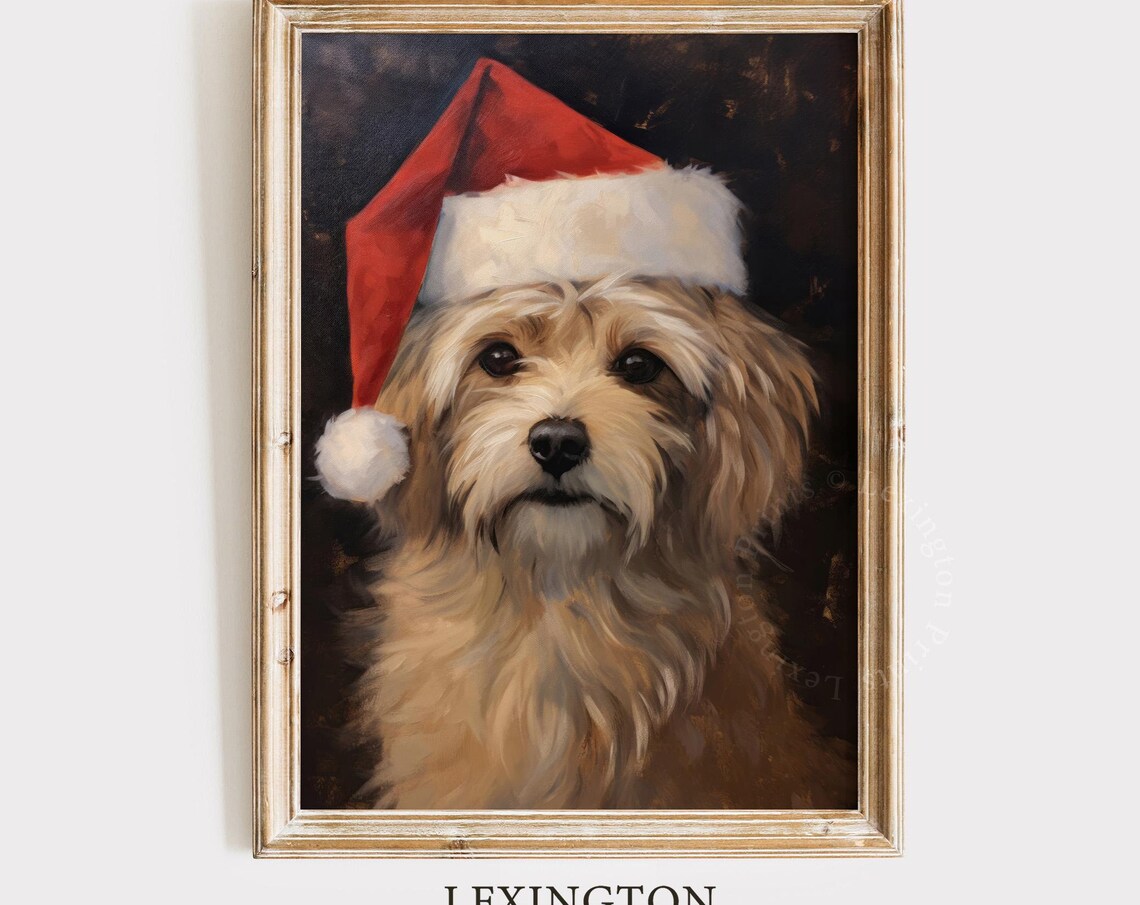 Adorable Fluffy Cream Dog Wearing Red Santa Hat Portrait Poster