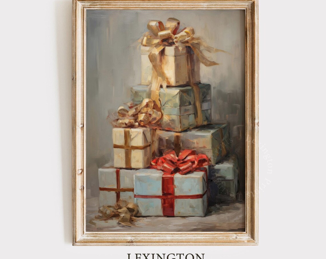 Stack of Elegant Wrapped Gifts Gold Red Ribbons Neutral Holiday Poster