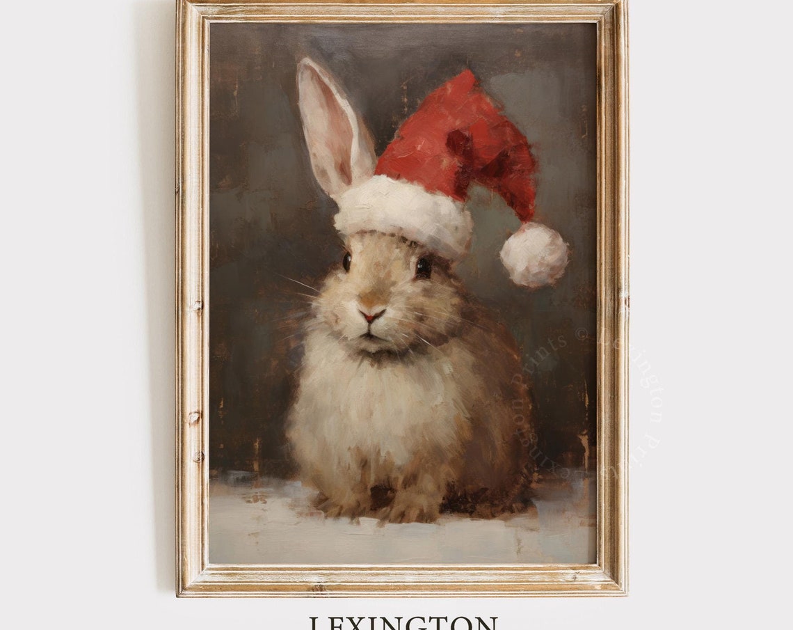 Vintage Christmas Wall Art Bunny Christmas Bunny Painting Winter Rabbit Oil Painting Pet Painting Bunny Hat Santa Christmas Decor Cute 226 - Image 8