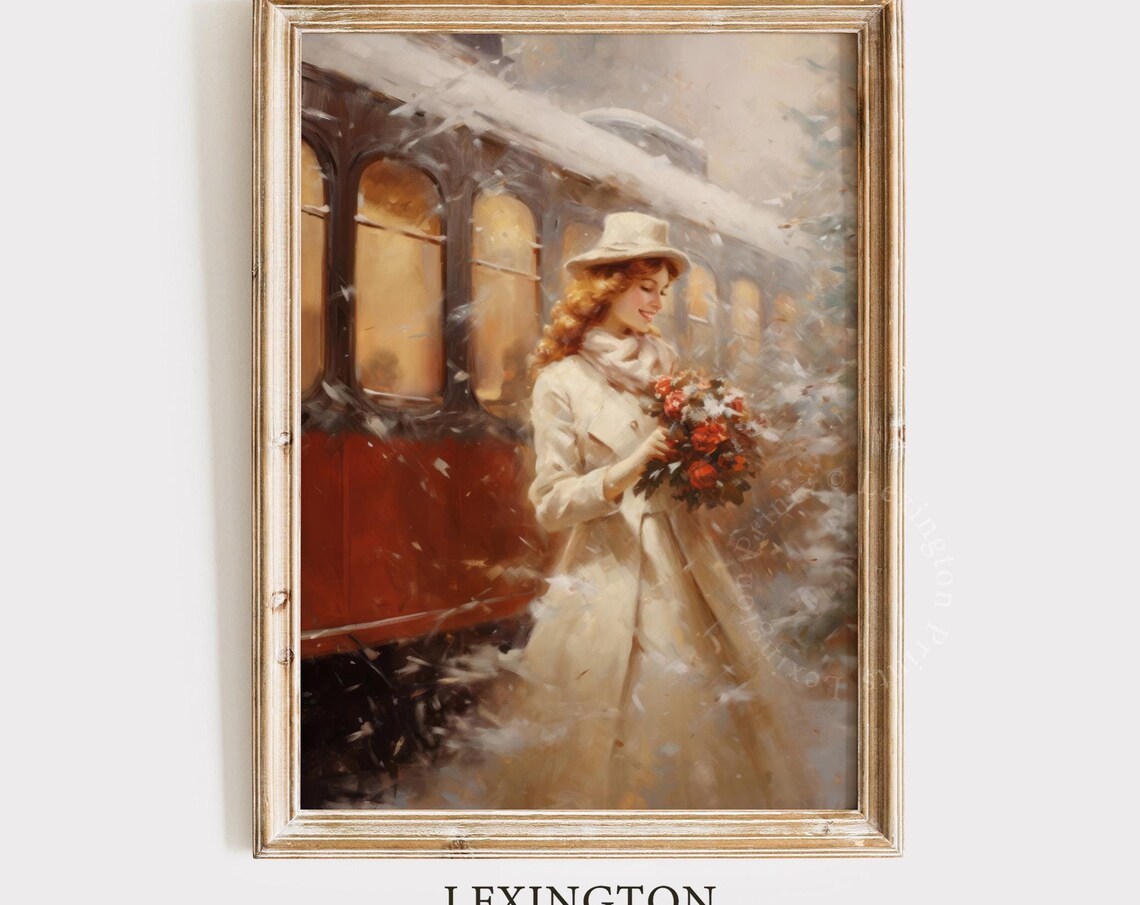Vintage Christmas Woman Winter Train Red Bouquet Oil Painting Poster