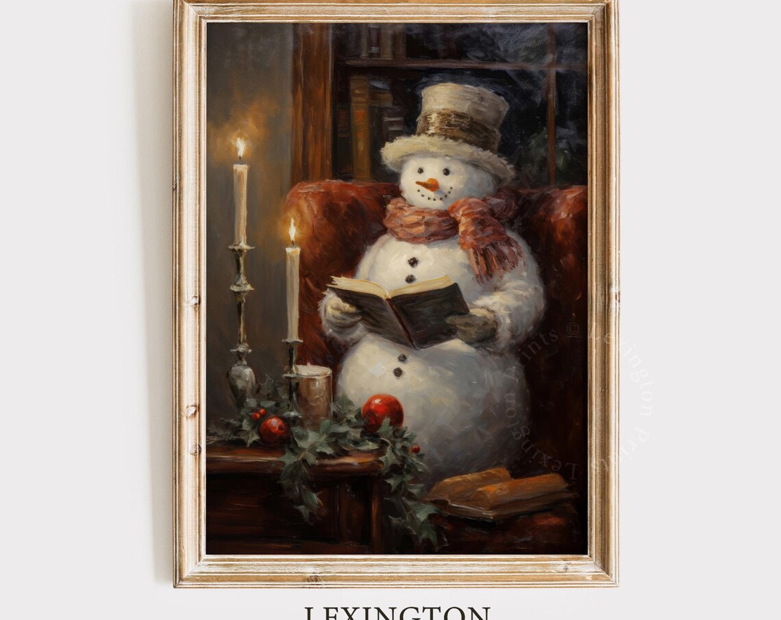 Art Vintage Christmas Wall Art Snowman Reading Book Art Print Christmas Oil Painting Snowman Decor Academia Christmas Decor Winter Print 238