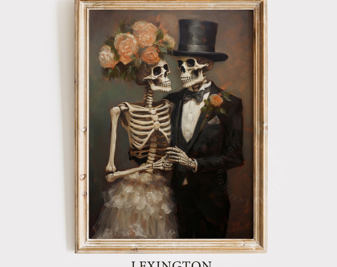 Skeleton Bride and Groom Wedding Portrait Vintage Halloween Wall Art