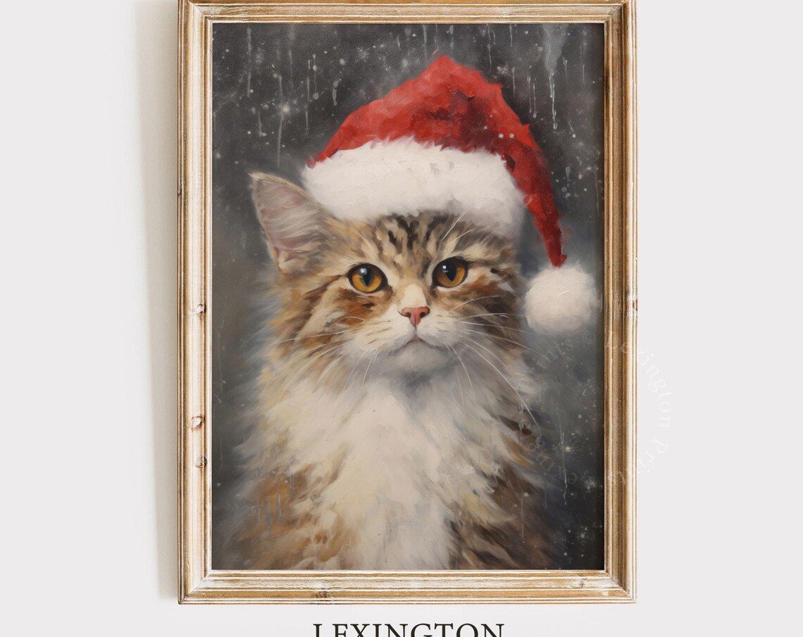 Fluffy Tabby Cat Wearing Santa Hat Snow Portrait Christmas Pet Poster