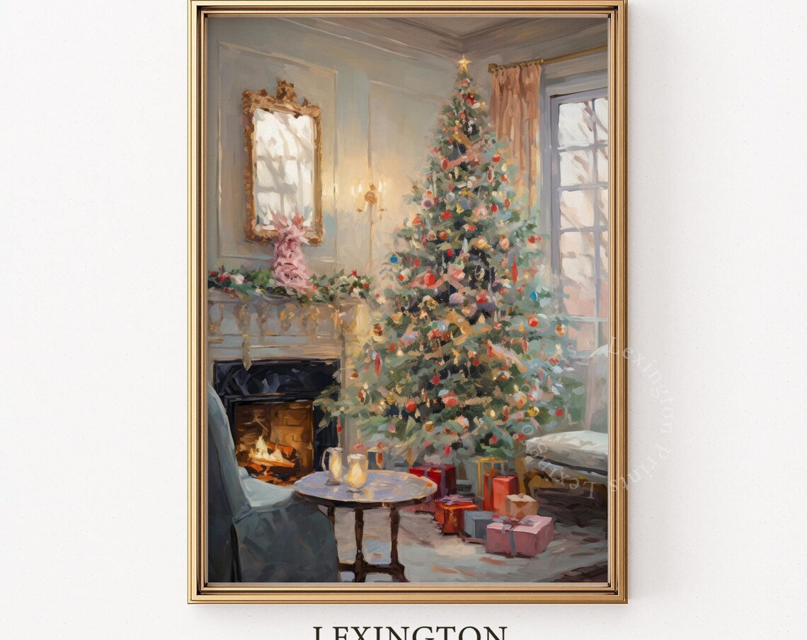 Cozy Christmas Tree by Fireplace with Gifts Holiday Living Room Poster