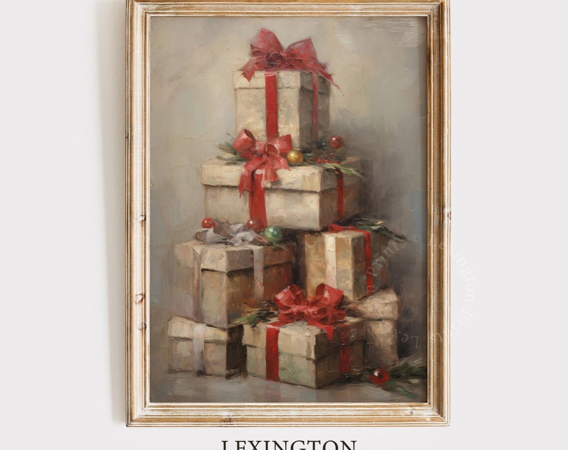 Stacked Christmas Gift Boxes with Red Bows Holiday Decor Poster