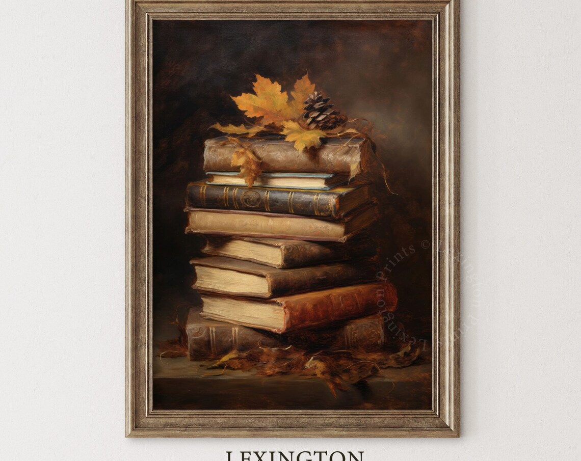 Stack of Old Books with Autumn Leaves Dark Still Life Poster