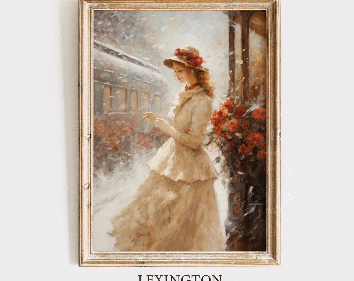 Winter Print Vintage Christmas Wall Art Woman Christmas Oil Painting Christmas Decor Vintage 1950s Art City Train Art Holiday Winter Art 308