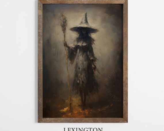 Dark Witch Portrait Moody Vintage Halloween Staff Painting Poster