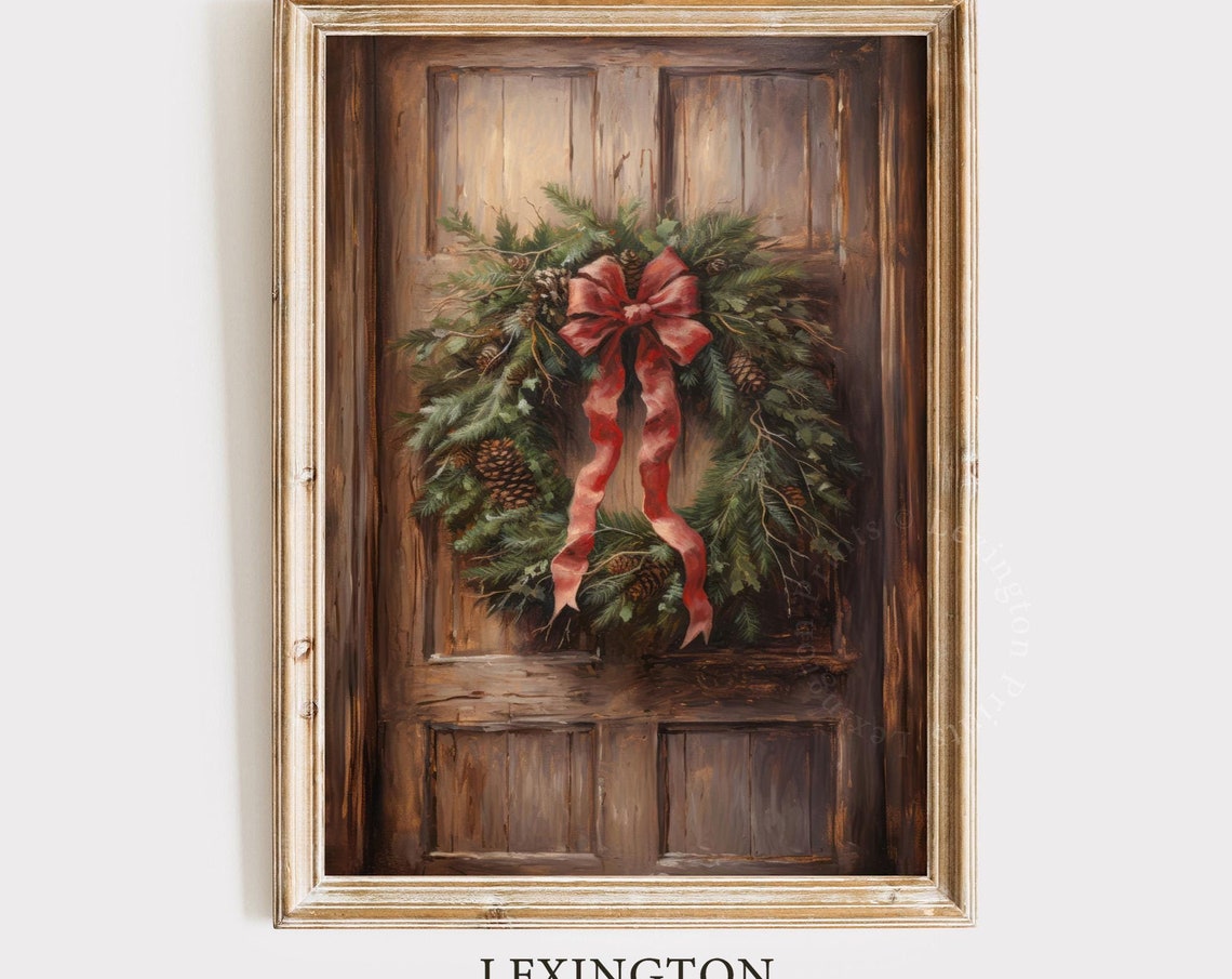 Christmas Wreath with Red Velvet Bow on Rustic Wooden Door Poster