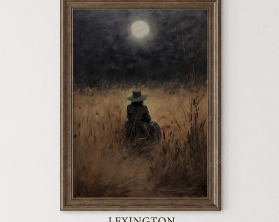 Woman in Wide Brim Hat under Full Moon in Night Field Poster