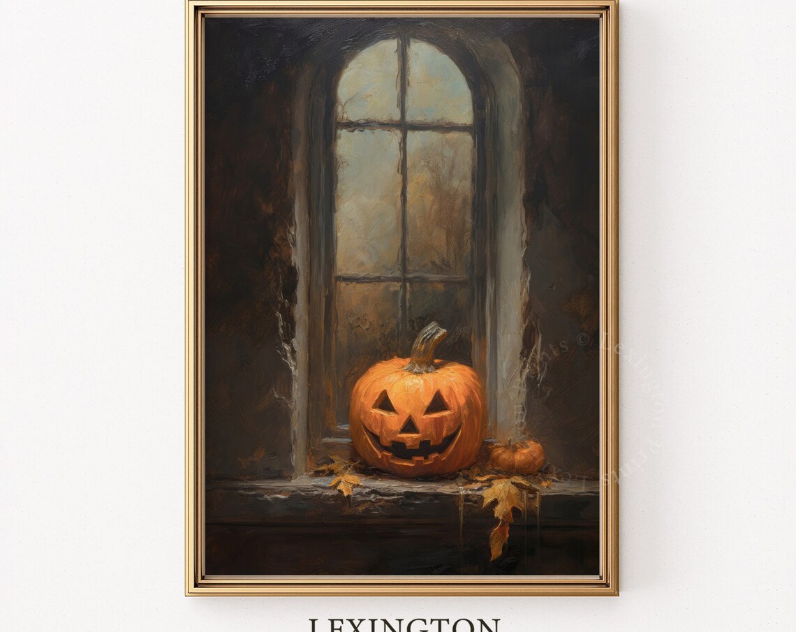 Jack-o-Lantern on Dark Arched Window Sill Moody Oil Painting Poster