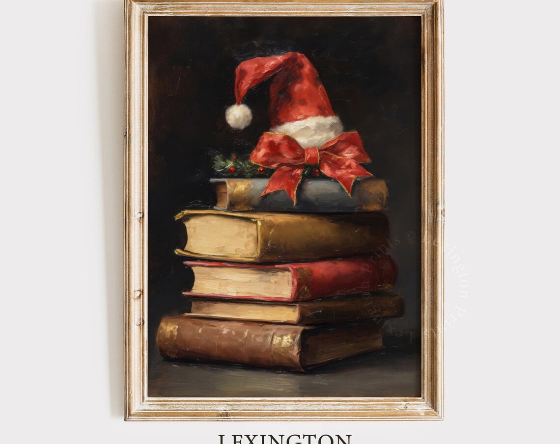 Stack of Old Books with Santa Hat and Red Bow Christmas Poster