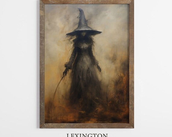 Shadowy Tall-Hatted Witch Walking Through Misty Golden Field Poster