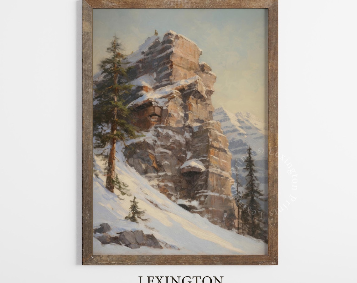 Snowy Rocky Mountain Cliff Winter Pine Trees Moody Landscape Poster