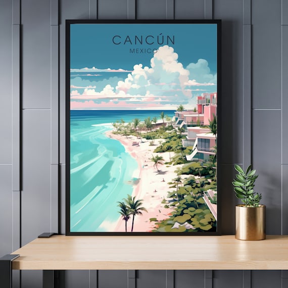 Cancun Mexico Turquoise Beach Palm Resort Vintage Travel Poster