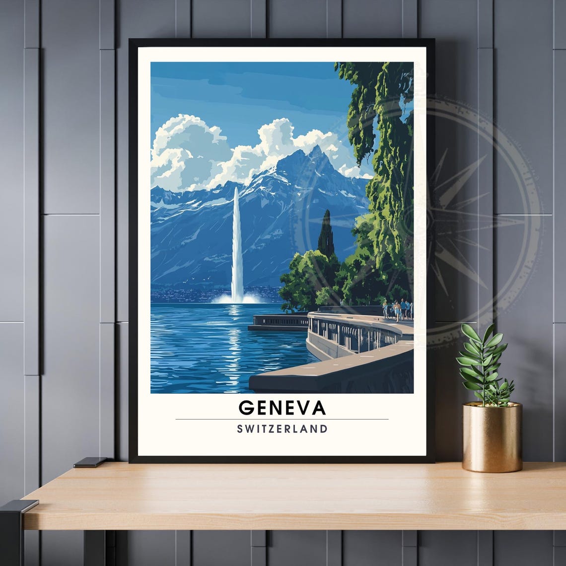 Geneva Jet d'Eau Lakeside Promenade Mountain View Travel Poster