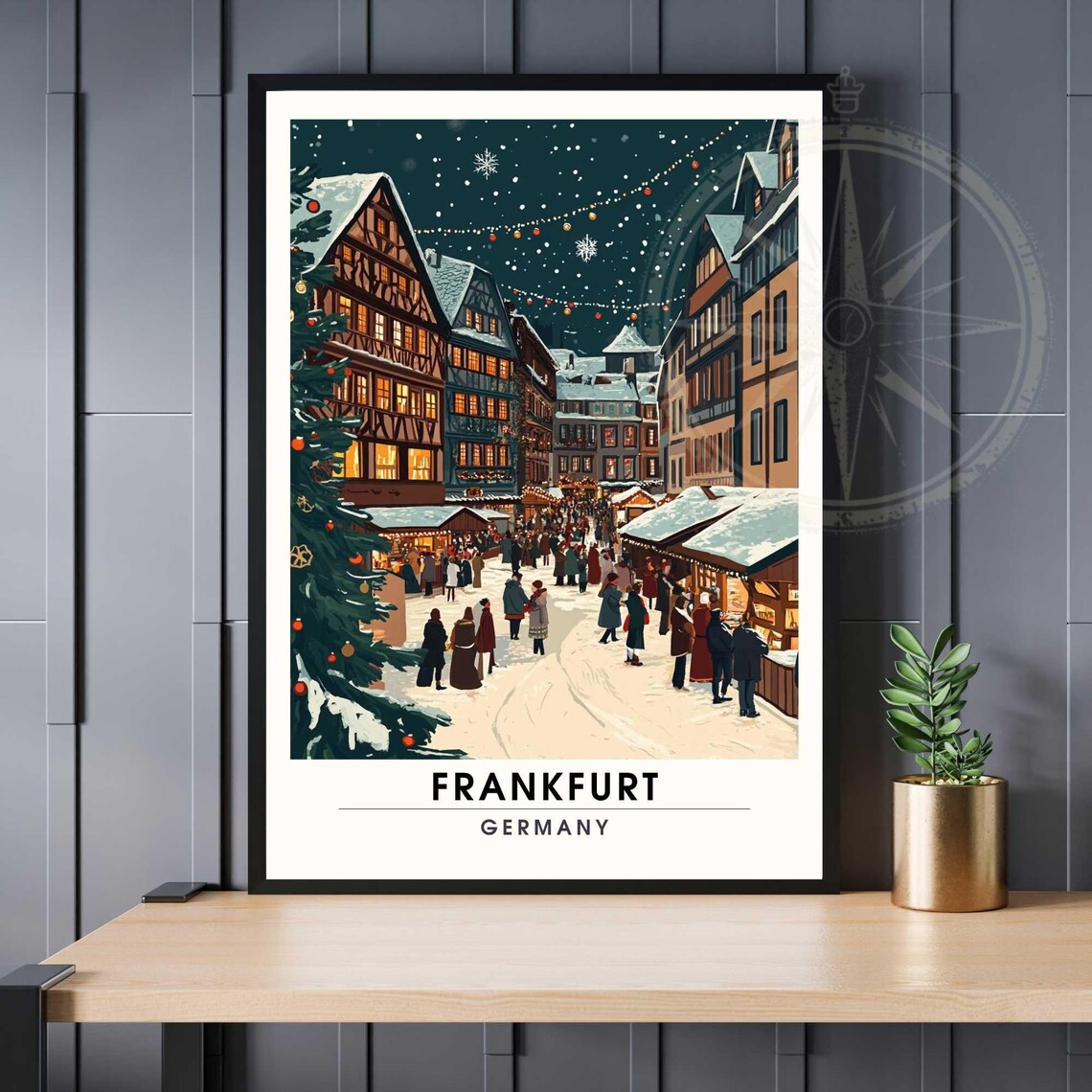 Frankfurt Christmas Market Old Town Night Snow Travel Poster
