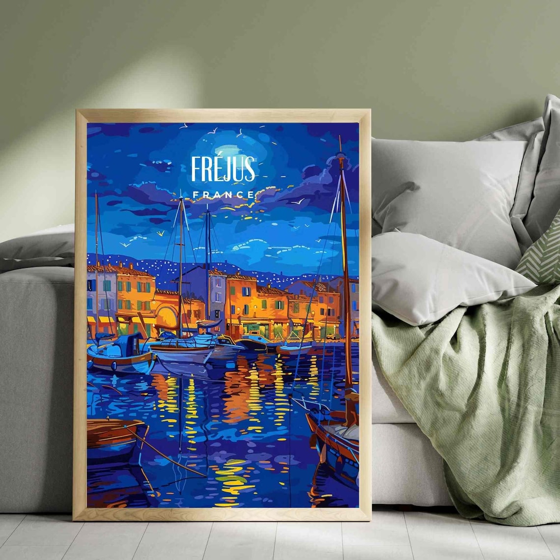 Frejus France Starry Night Harbor Sailboats Town Lights Poster