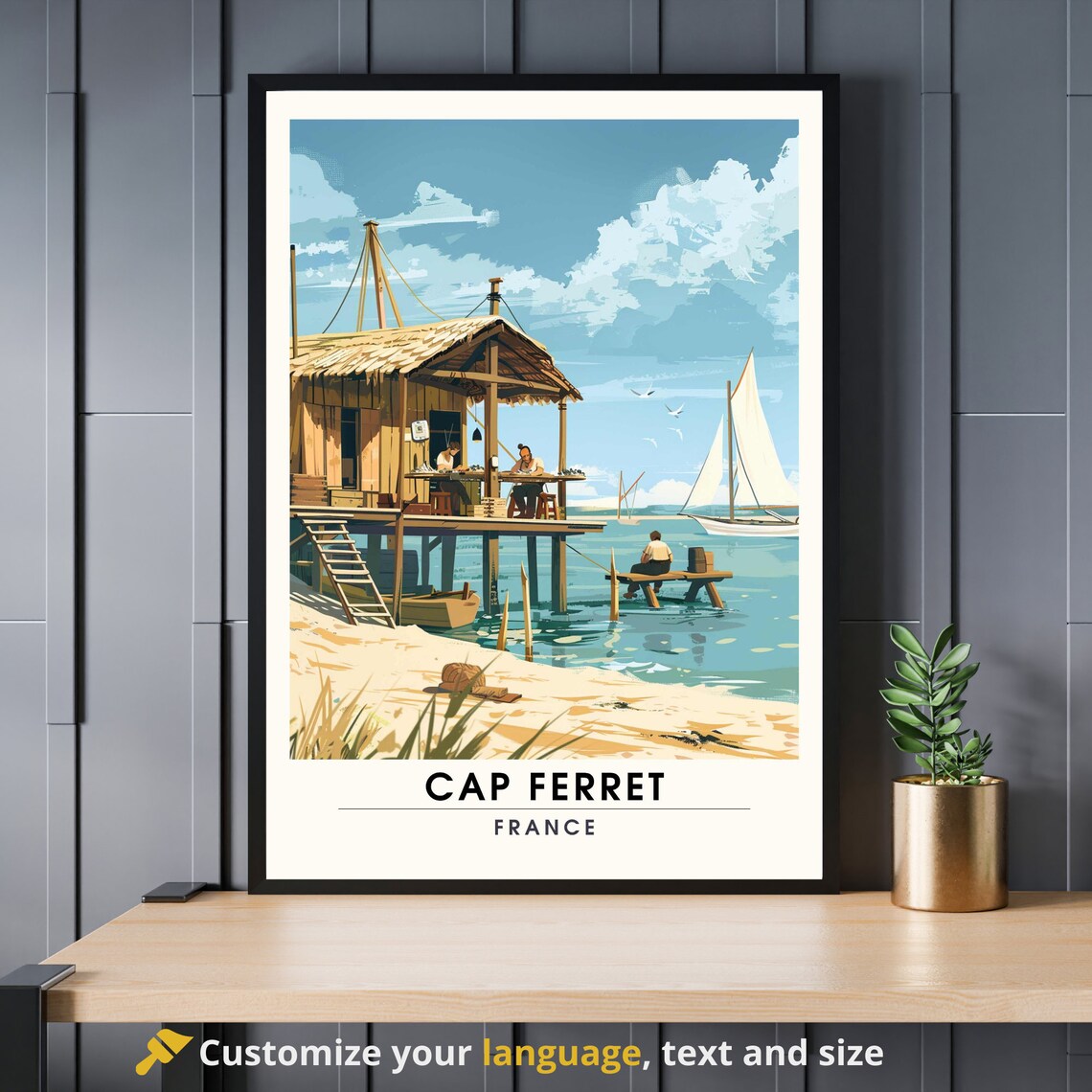Cap Ferret France Oyster Cabin Stilt Beach Vintage Travel Poster