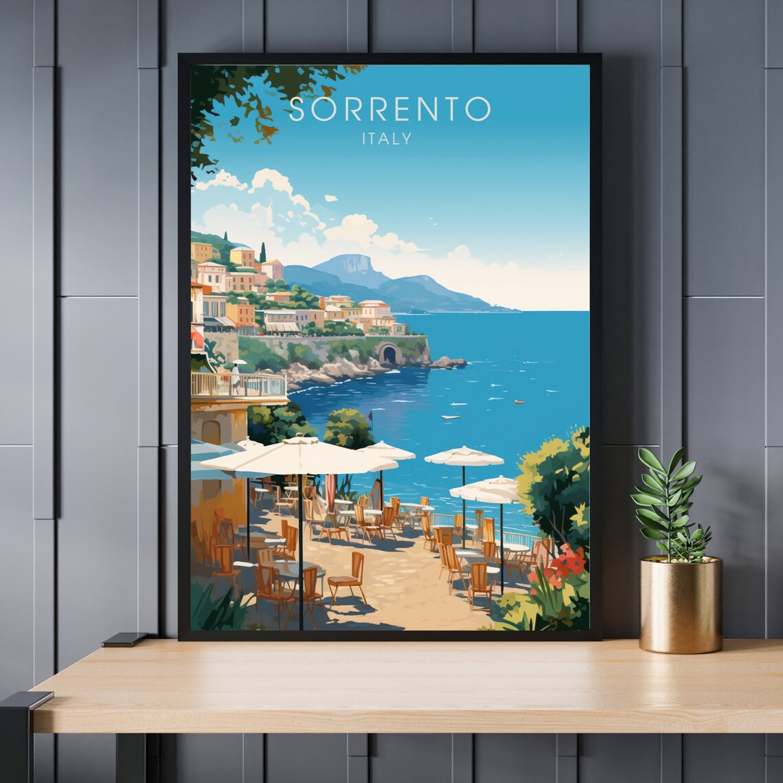Sorrento Coast Beach Umbrellas Bay Italy Vintage Travel Poster