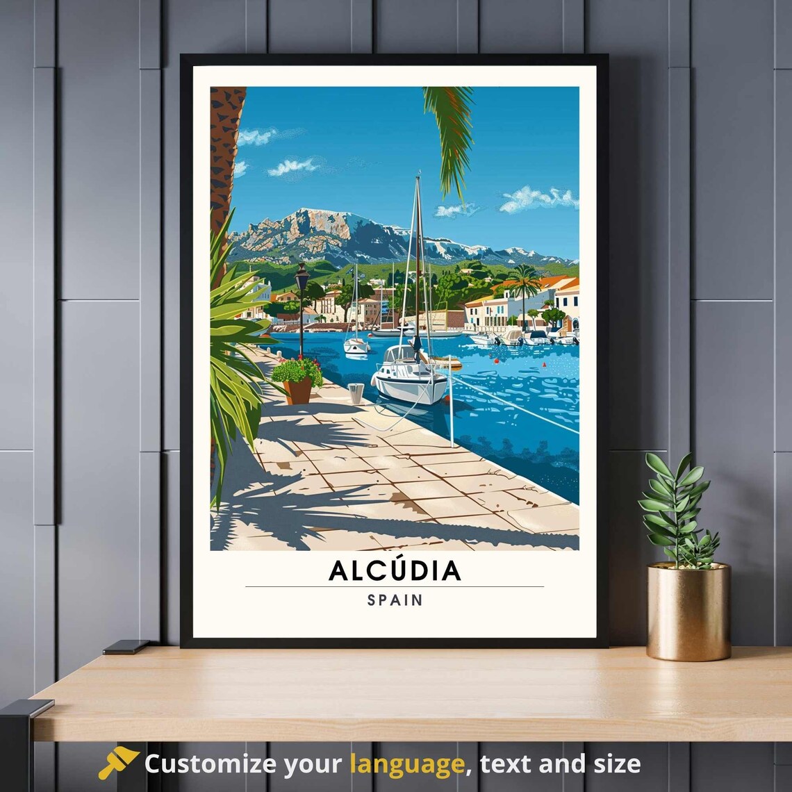 Alcudia Spain Marina Harbor Sailboats Vintage Travel Art Poster