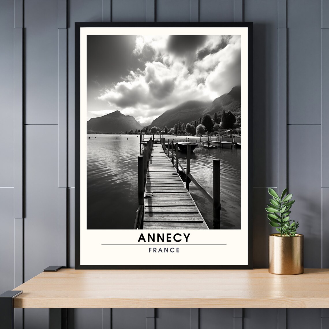 Annecy France Lake Pier Black And White Photography Travel Poster