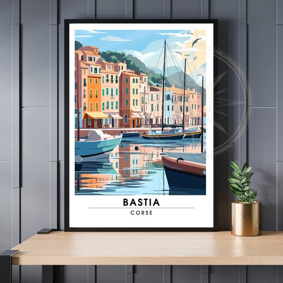 Bastia Corsica Harbor Sailboats Waterfront Vintage Travel Poster