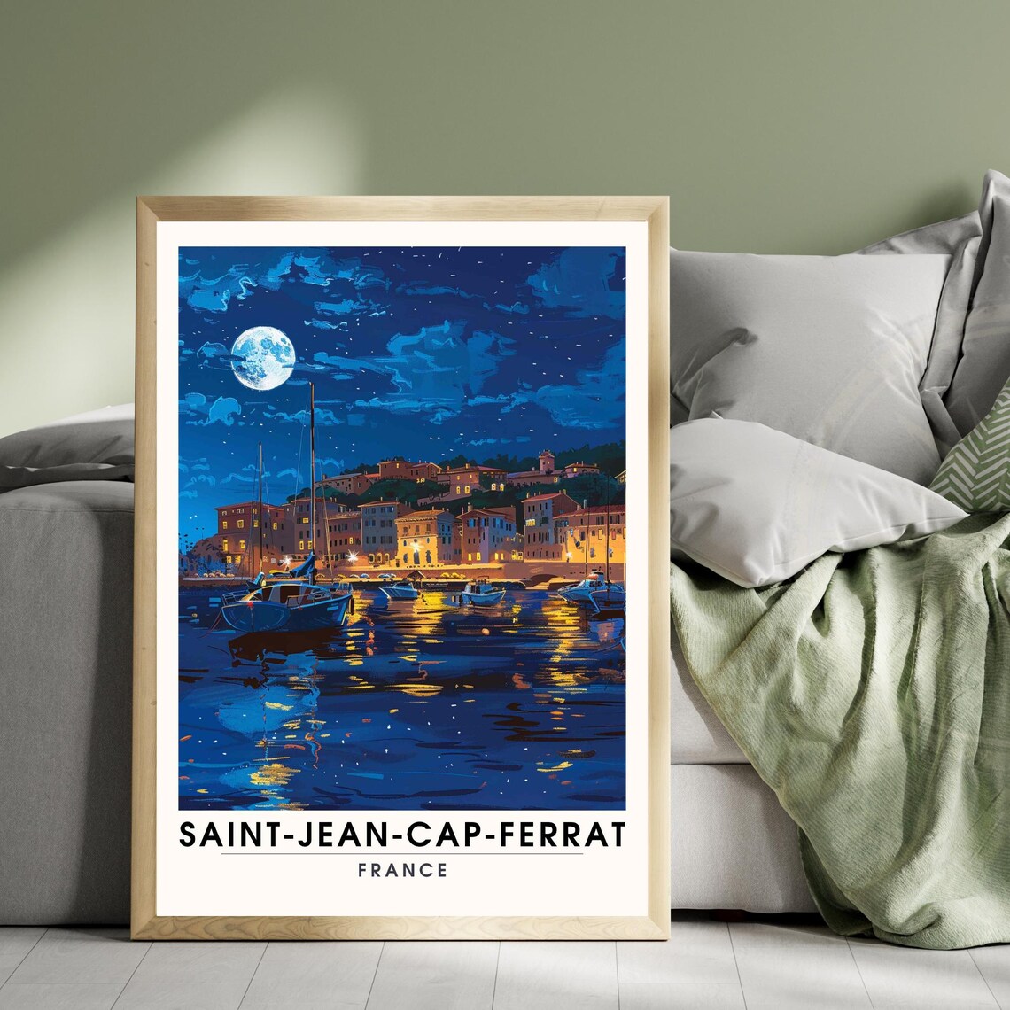 Saint Jean Cap Ferrat France Moonlit Harbor Night Boats Poster