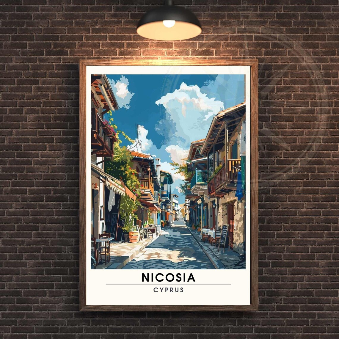Nicosia Cyprus Old Town Street Cafes Cobblestone Travel Poster