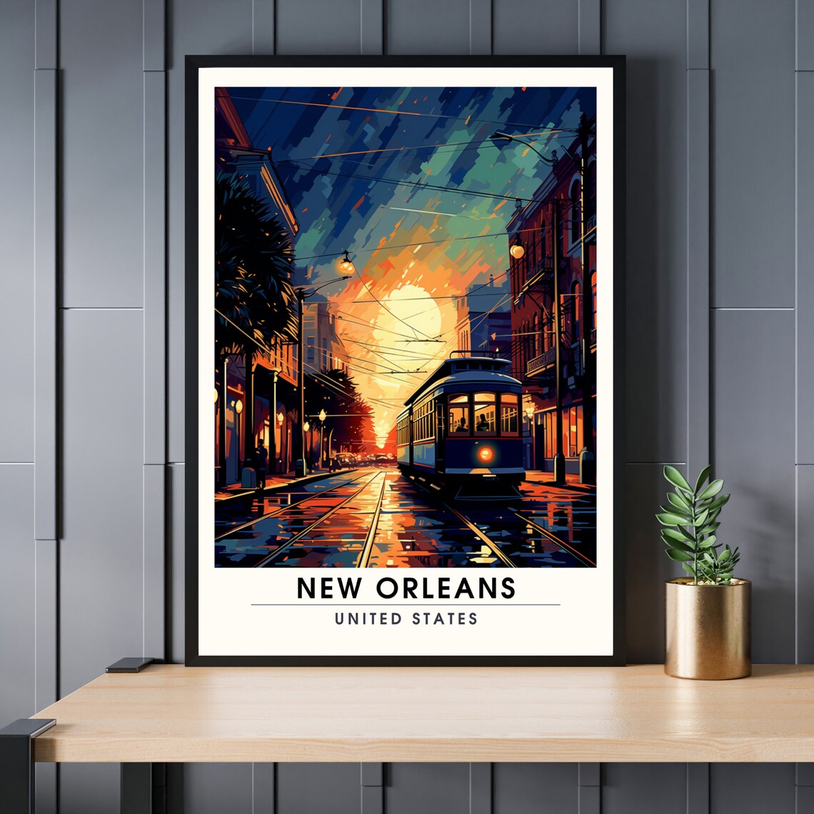 New Orleans United States Travel Poster With Streetcar At Sunset