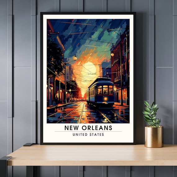 New Orleans United States Travel Poster With Streetcar At Sunset