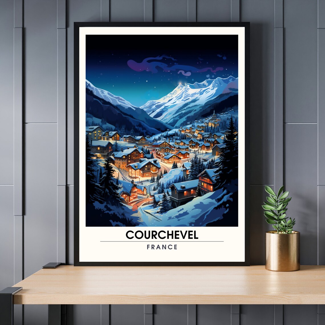 Courchevel France Night Lights Alpine Resort Retro Travel Poster