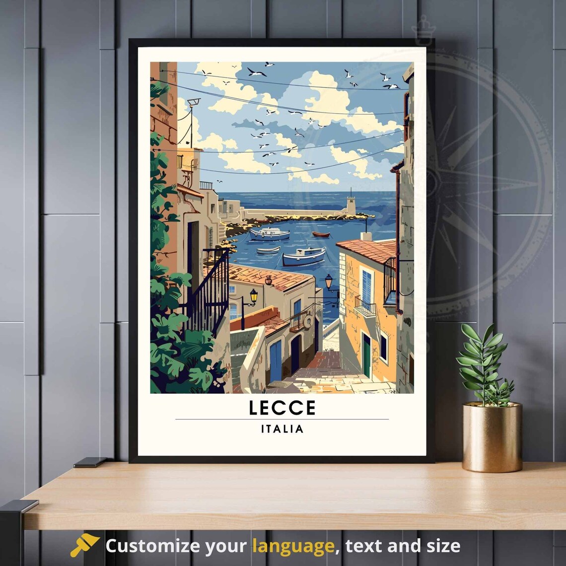 Lecce Italia Fishing Harbor Boats Seagulls Seaside Travel Poster