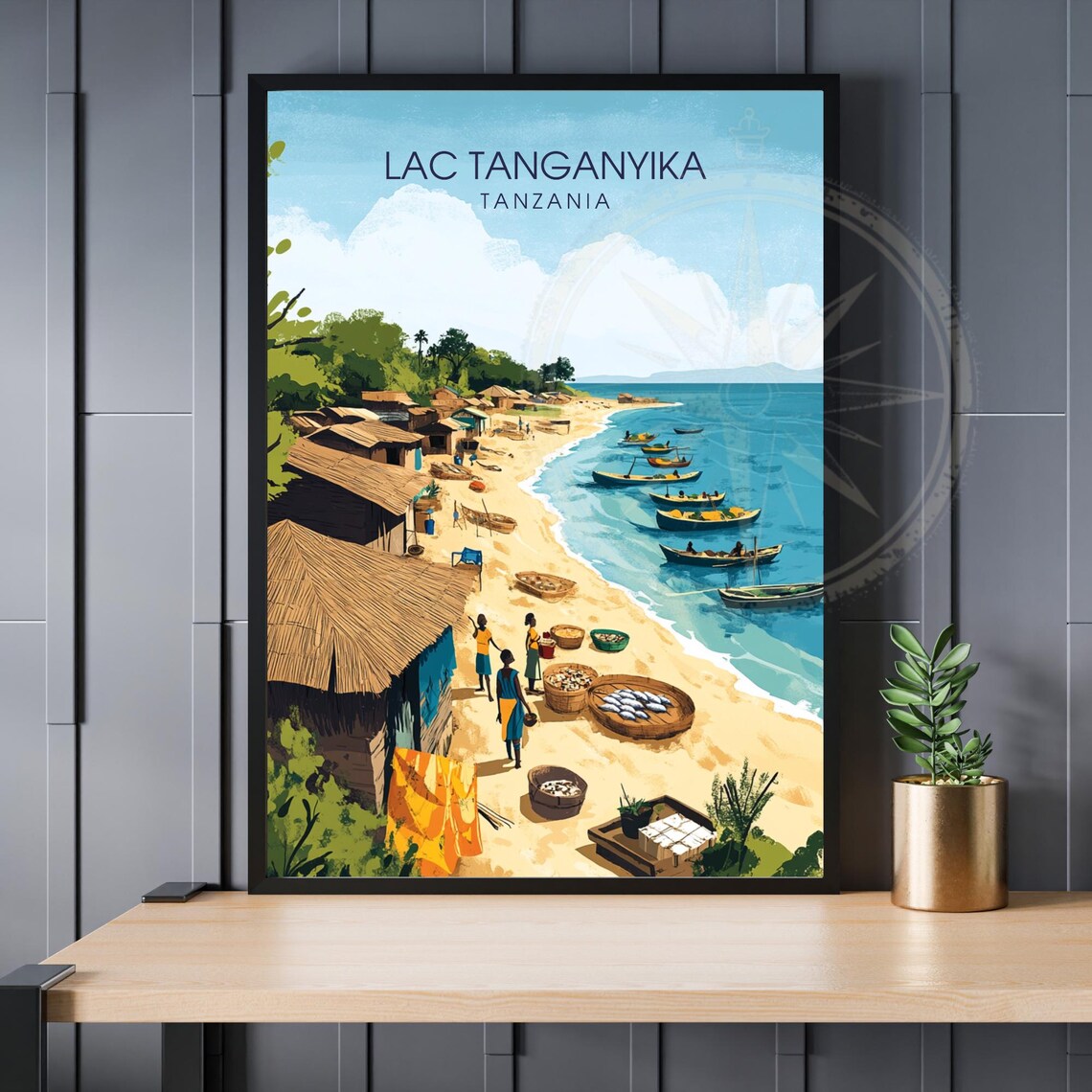 Lac Tanganyika Tanzania Vintage Fishing Village Beach Travel Poster