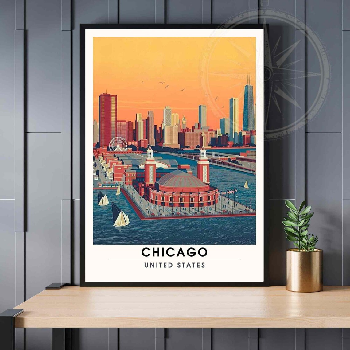 Chicago United States Navy Pier Skyline Sunset Vintage Travel Poster