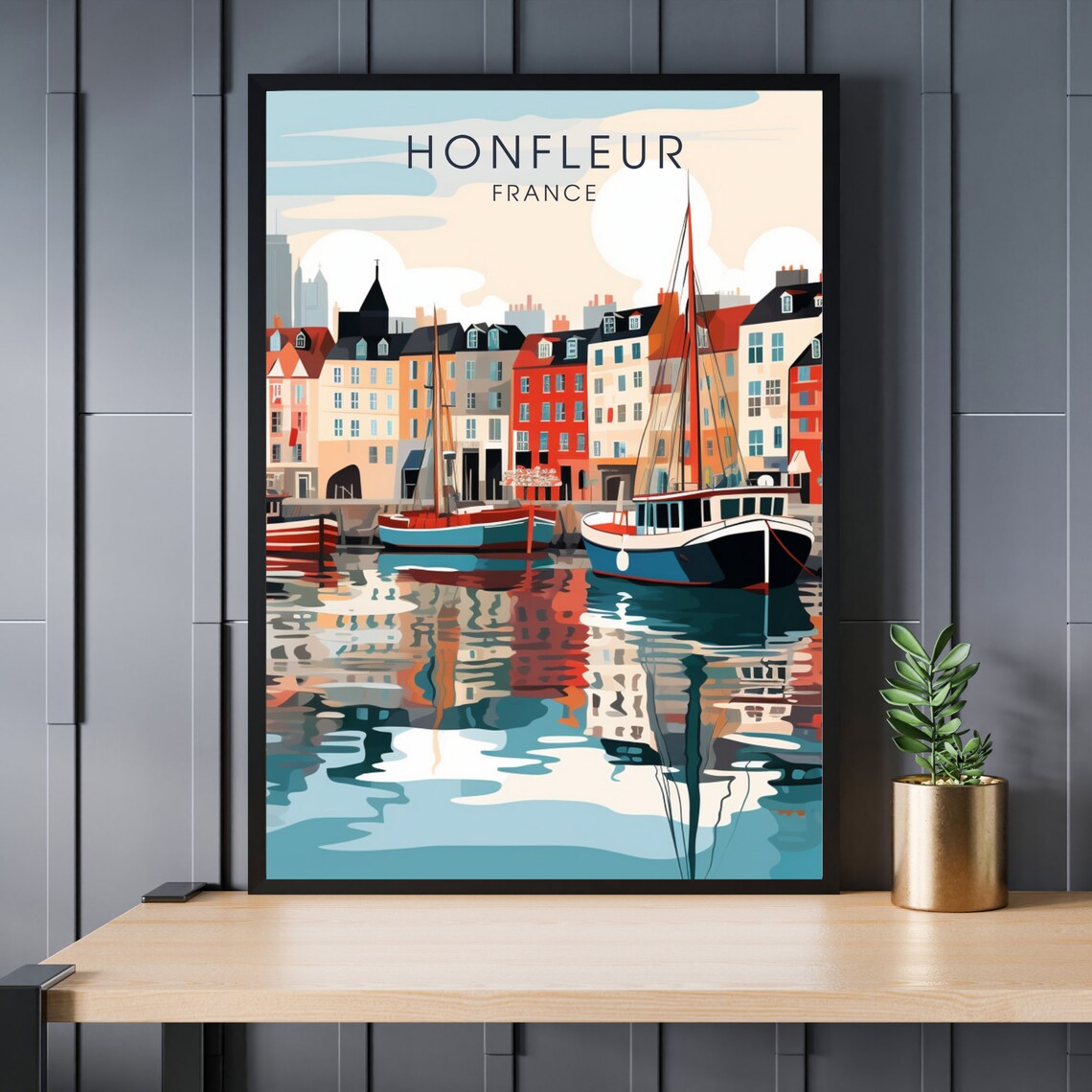Honfleur France Old Harbor Sailboats Reflection Illustration Poster
