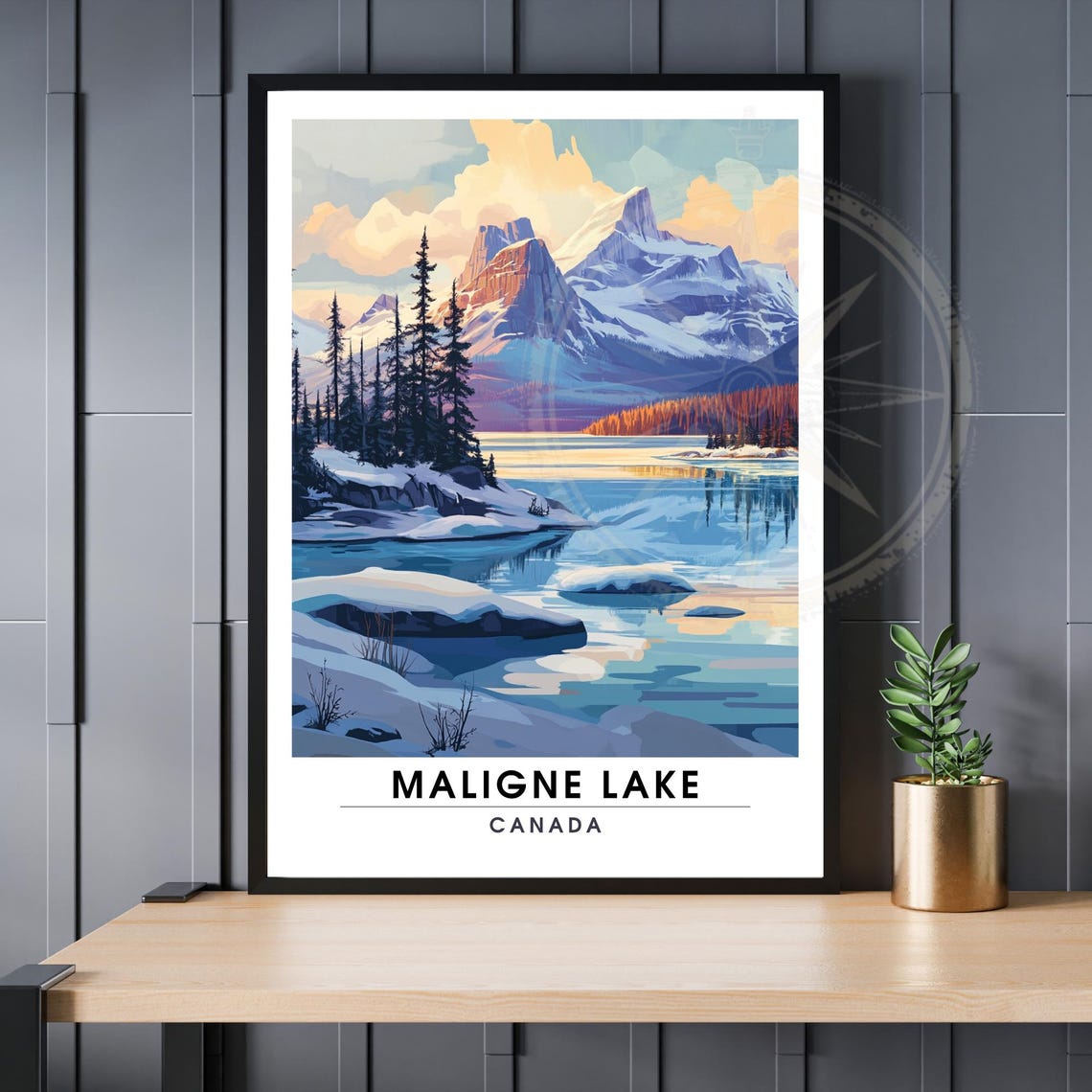 Maligne Lake Canada Snowy Mountain Lake Sunset Travel Poster