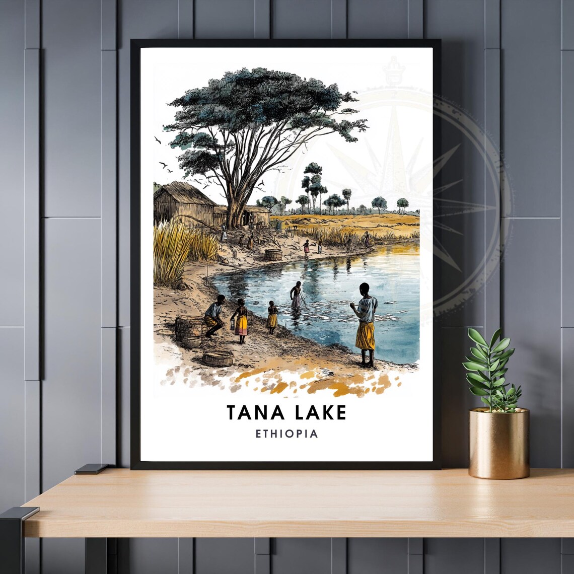 Tana Lake Ethiopia Riverside Village Sketch Vintage Travel Poster