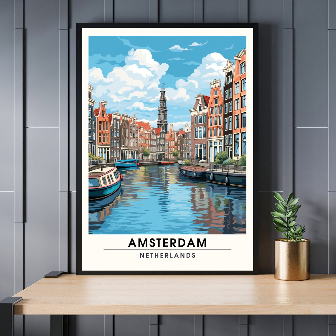 Amsterdam Netherlands Canal Houses Boats Colorful Travel Art Poster