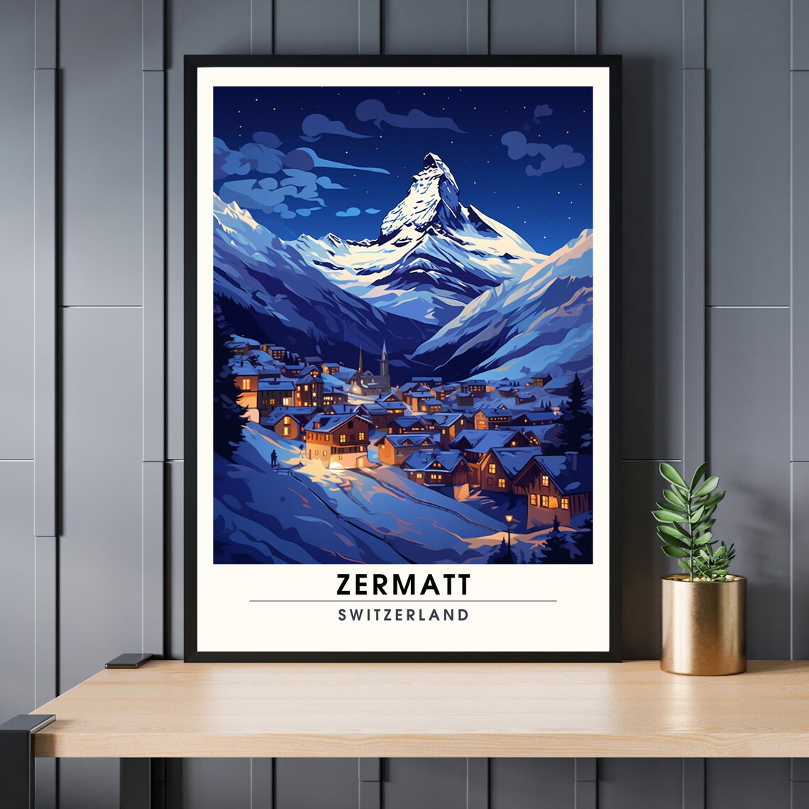 Zermatt Switzerland Night Travel Poster Matterhorn Snow Village Stars