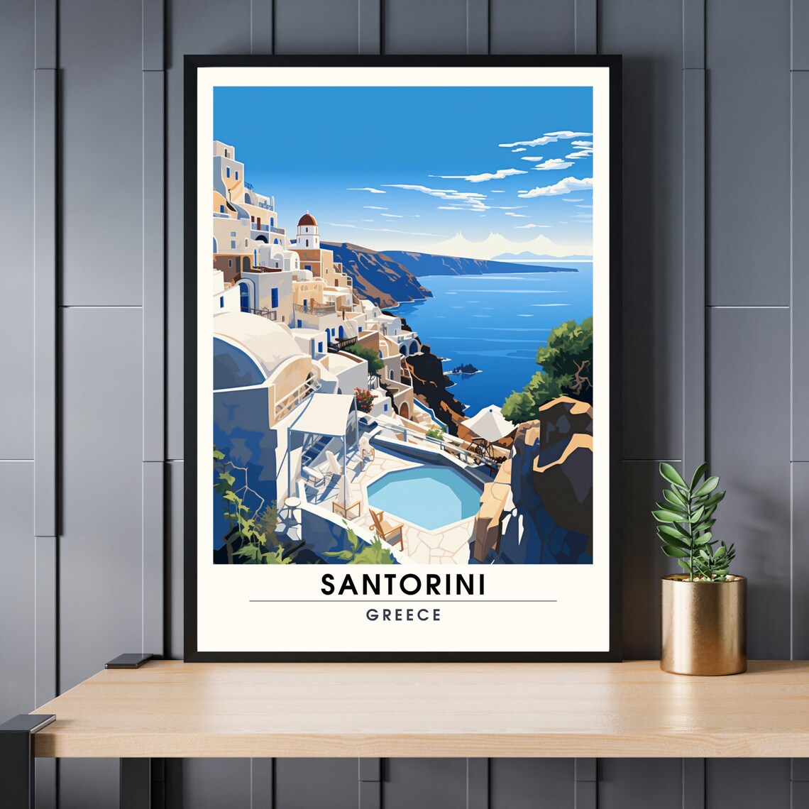 Santorini Greece White Houses Blue Sea Caldera View Travel Poster