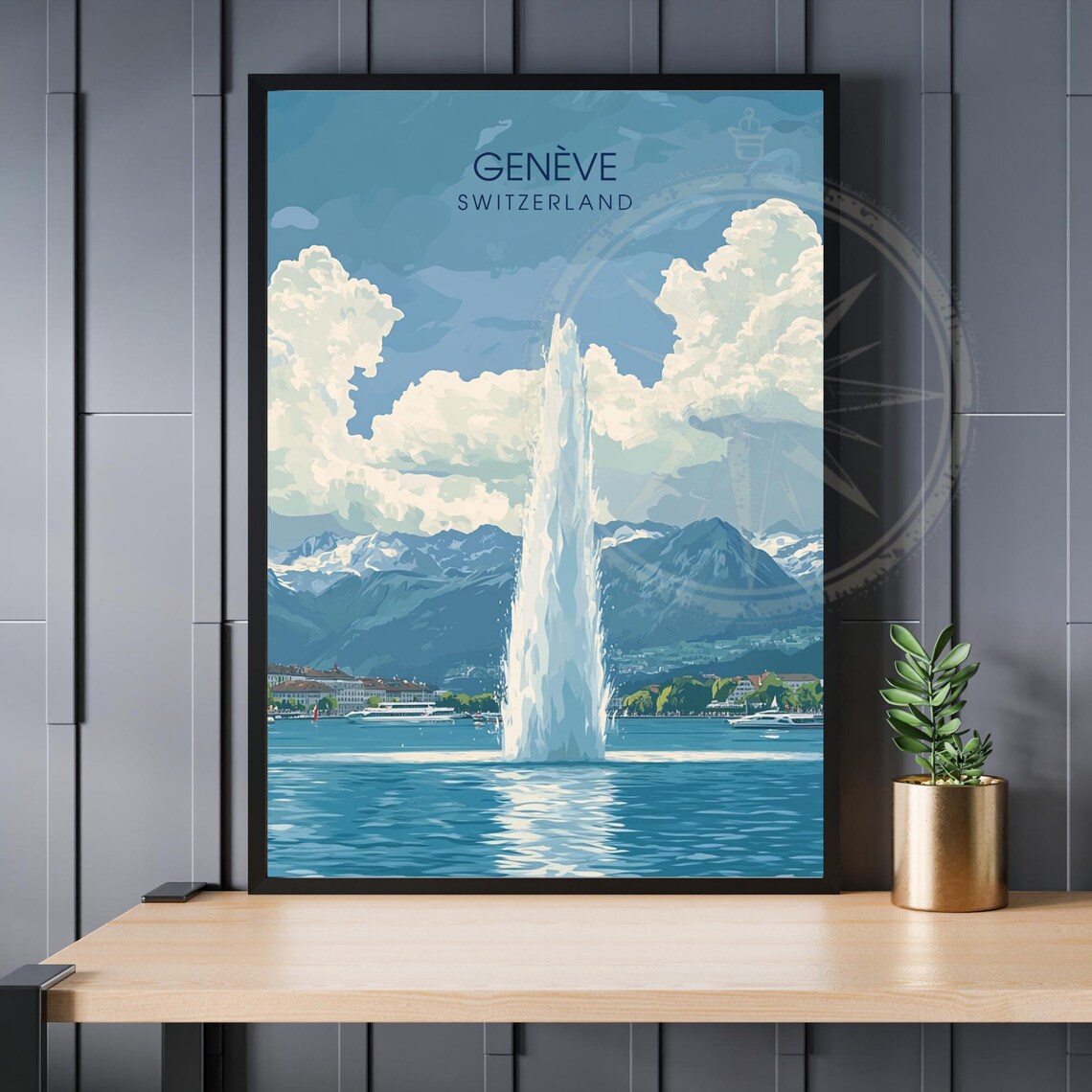 Geneve Switzerland Jet Deau Fountain Lake Mountain Travel Poster