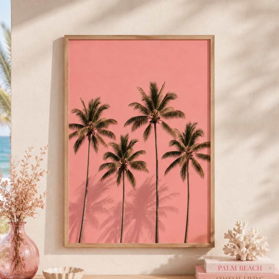 Pink Palm Tree Poster, Coastal Tropical Beach Decor
