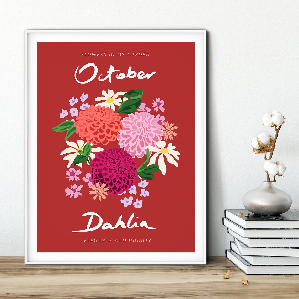 Flower Market October Month Print Botanical Wall Art Monthly Flower Wall Art Flower Market Poster Floral Art Dahlia - Image 2