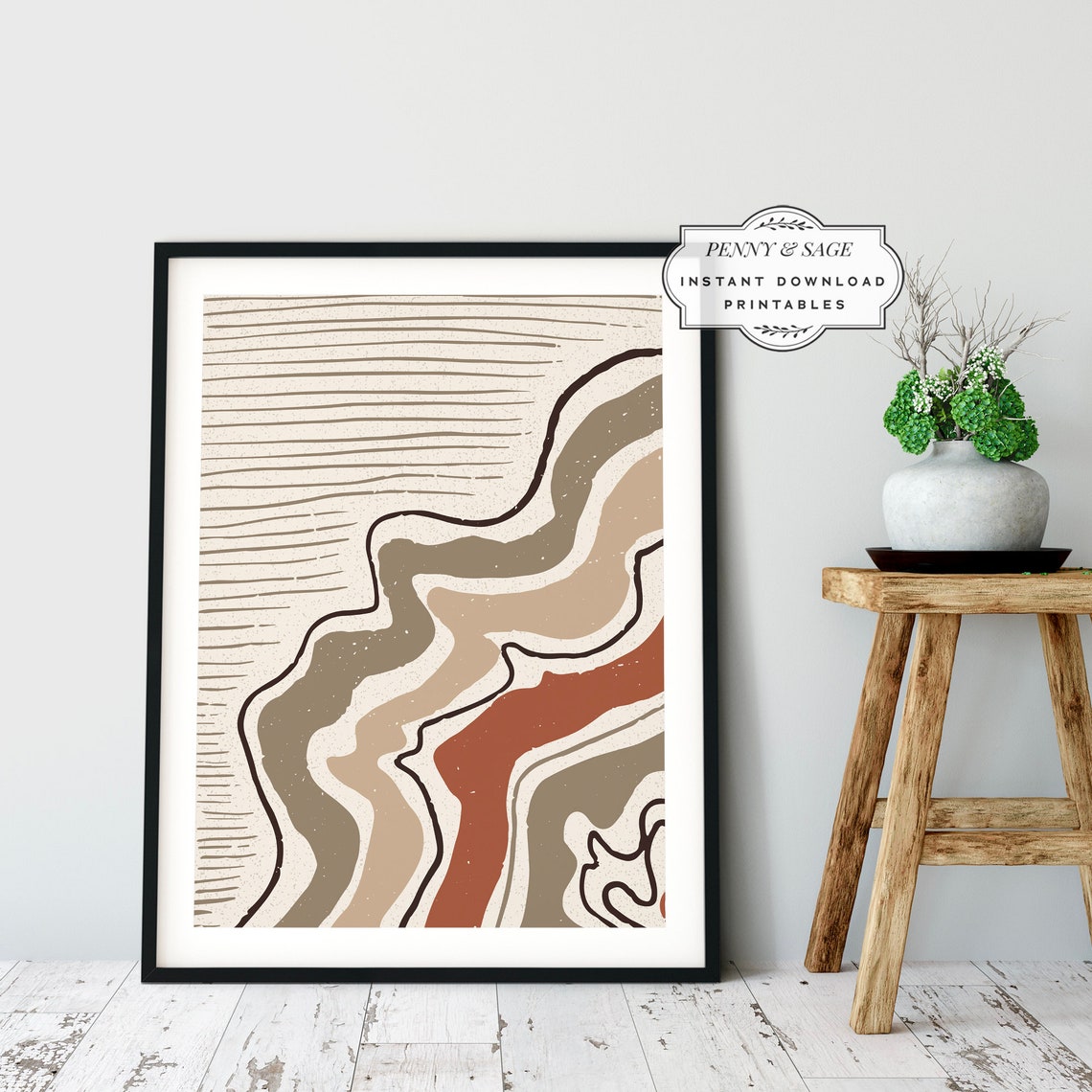 Neutral Beige Abstract Wavy Lines Organic Landscape Art Poster