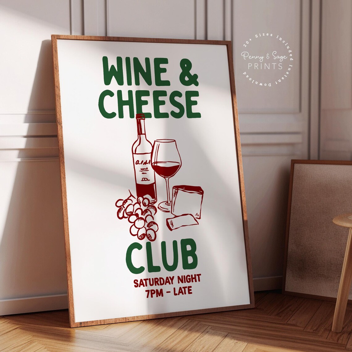 Wine And Cheese Club Saturday Night Retro Kitchen Bar Cart Poster - Image 2