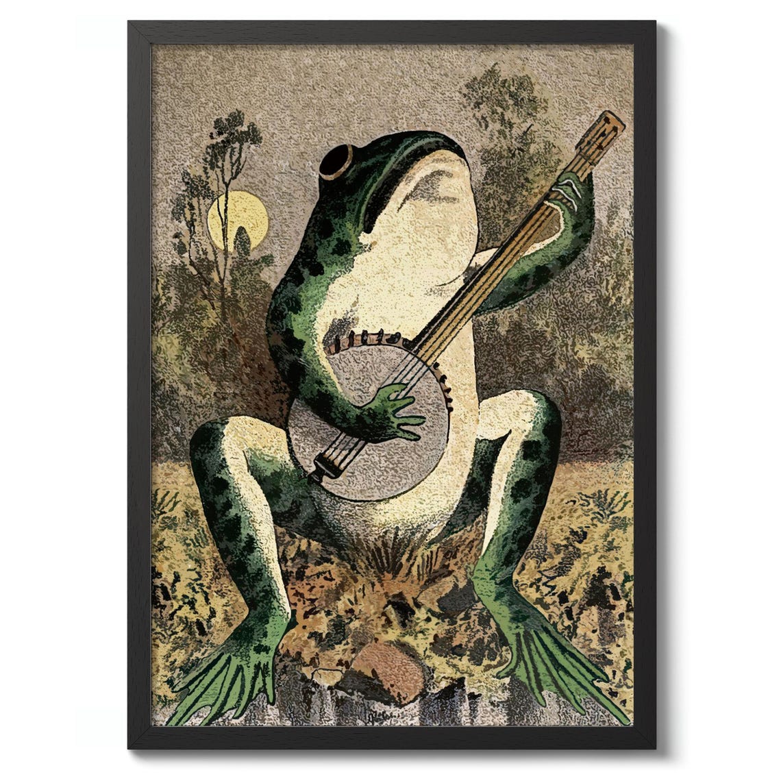 Frog Playing Banjo Under Moonlight Vintage Style Animal Music Poster