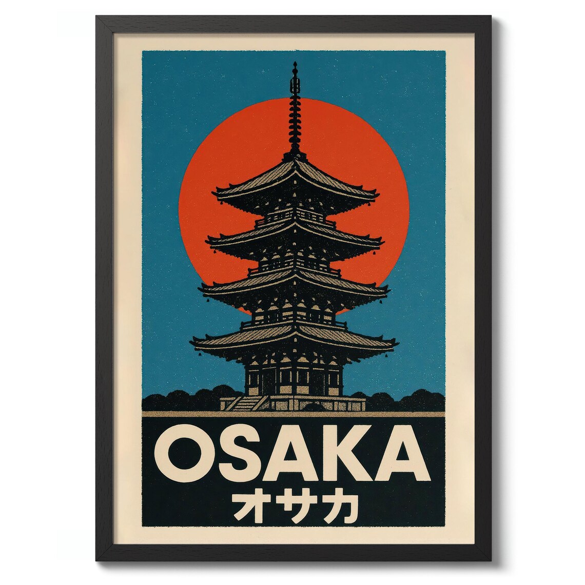 Osaka Japan Vintage Pagoda Temple Red Sun Teal Sky Travel Poster